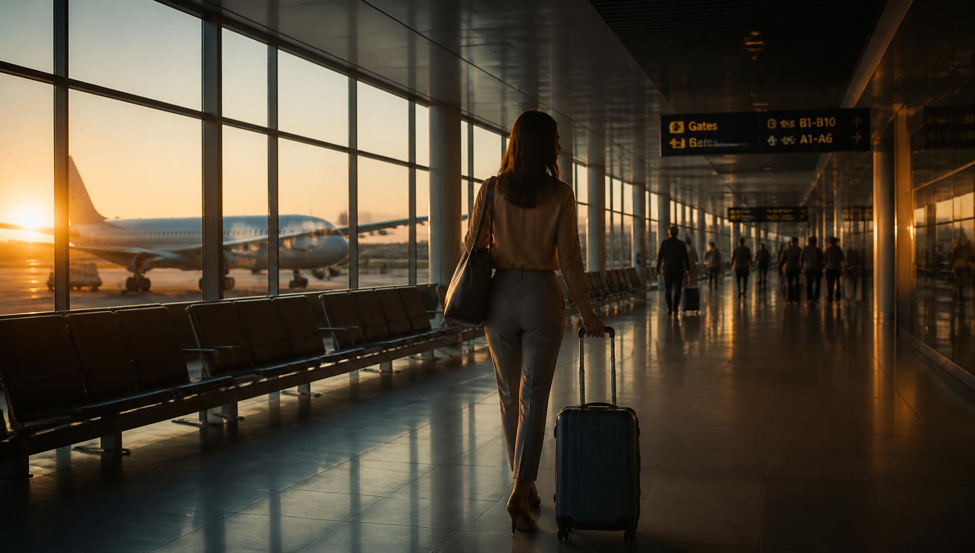 Traveller walking through an international airport terminal at sunset